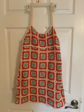 Zara Crochet Square Tank Dress in Red, Mint & Cream